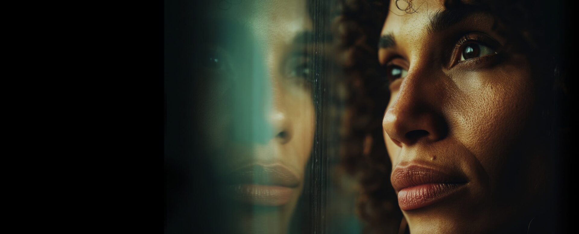 A close-up of a person looking at their reflection through a glass pane with a somber expression.