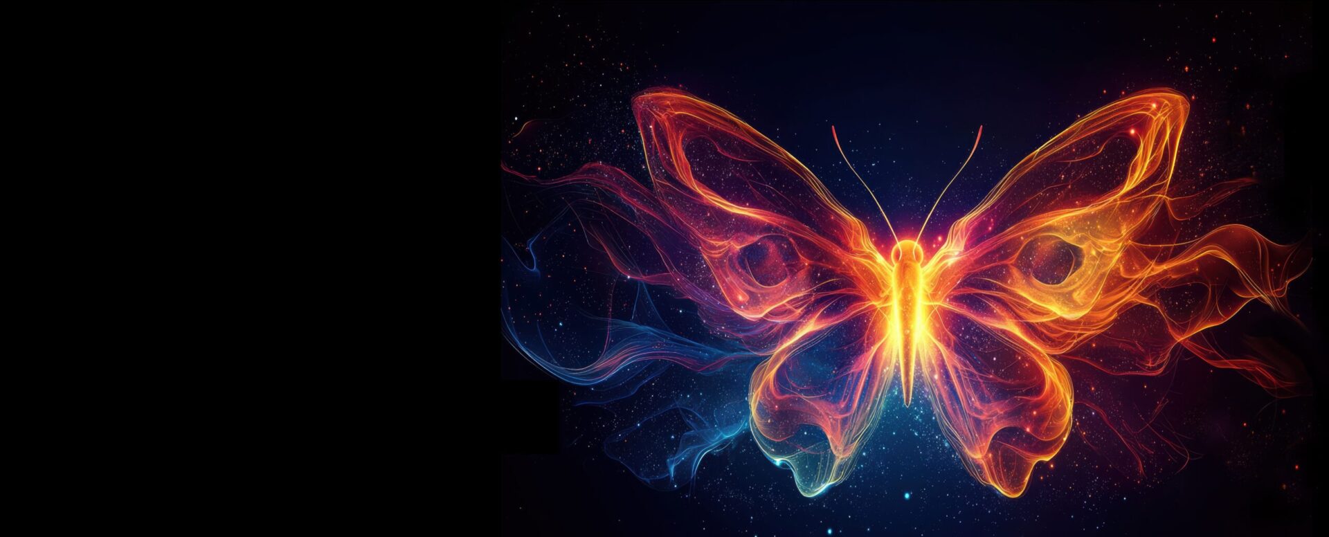A glowing butterfly with fiery, colorful wings on a dark background.
