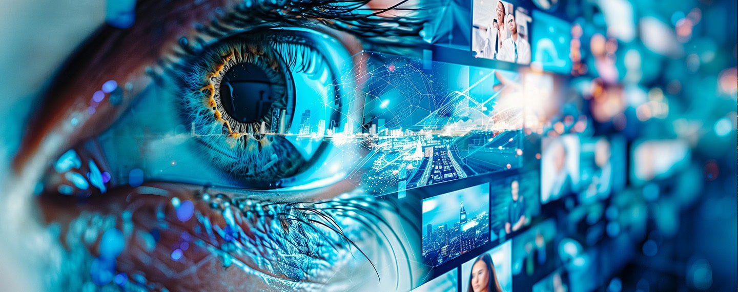 Close-up of a human eye with digital technology and data overlays.