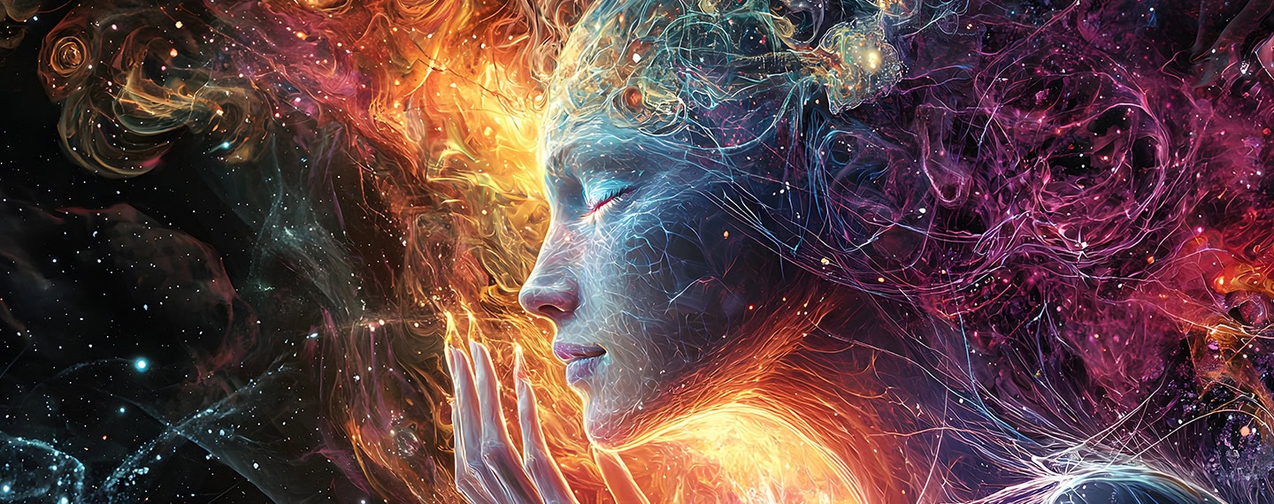 A glowing ethereal face immersed in fiery and cosmic energy.
