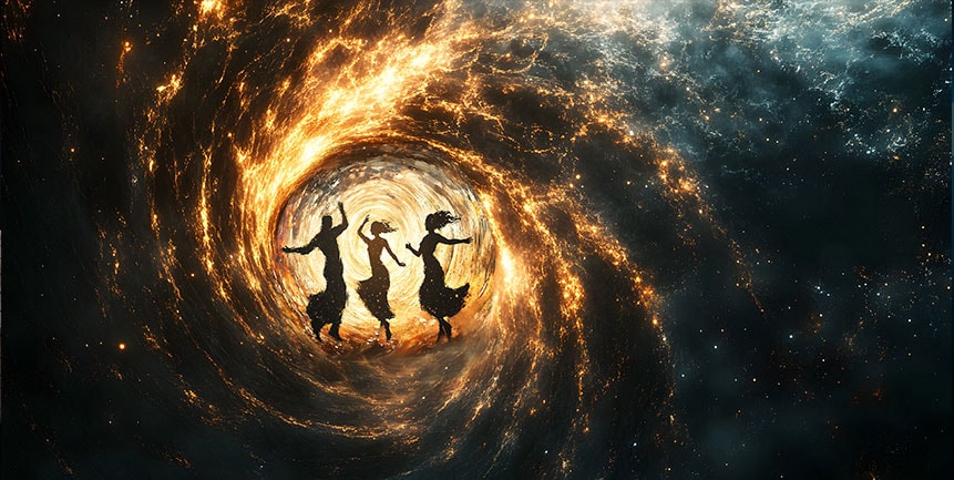 Stylized image of three silhouetted dancers at the center of a glowing cosmic spiral.