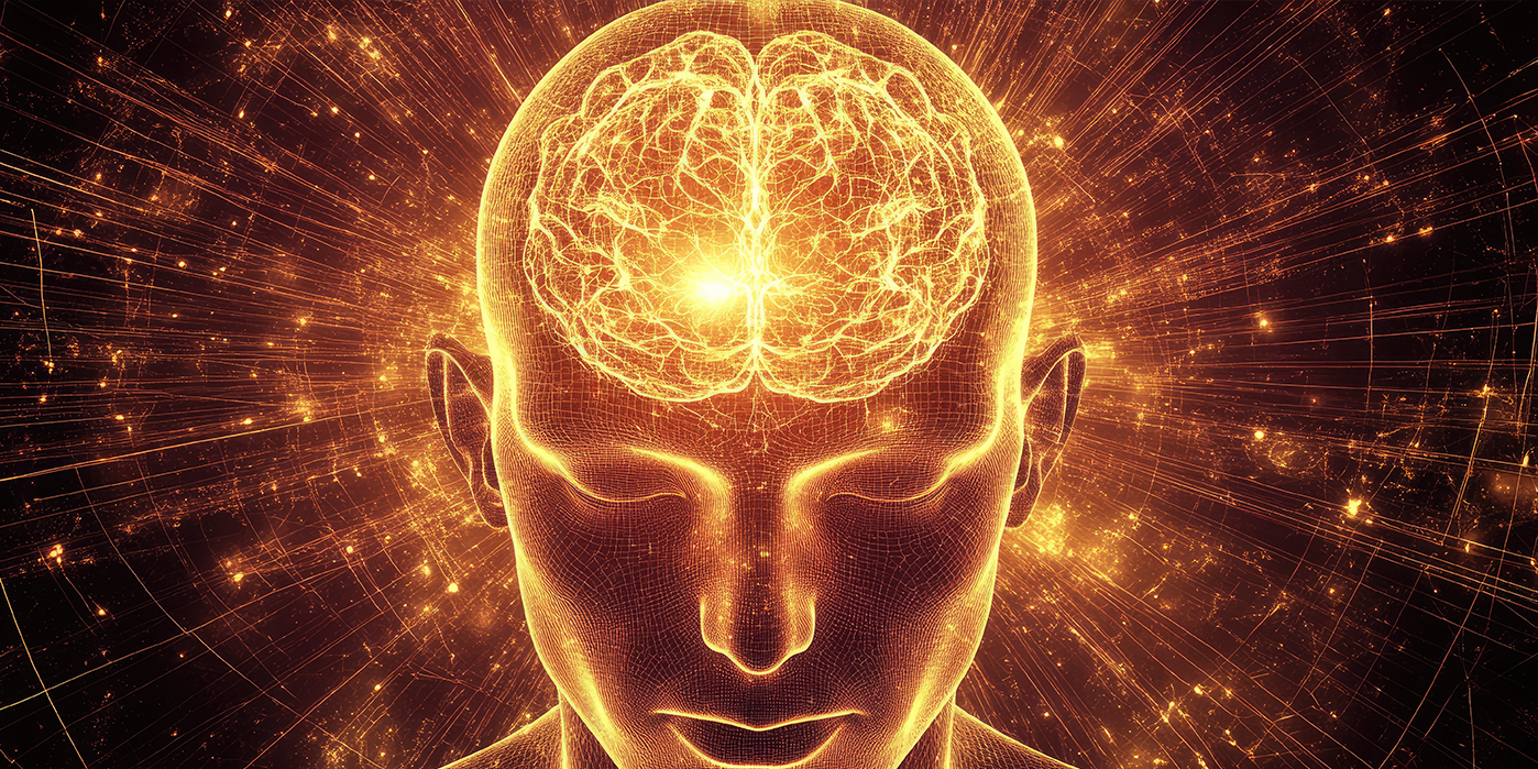 A digitally rendered wireframe human head with a glowing golden brain at its center, radiating light and particles outward.