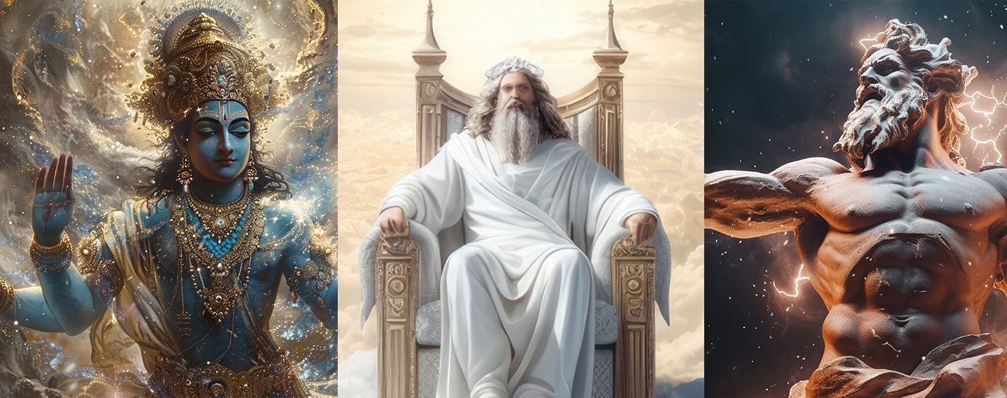 Three-Gods-from-three-cultures-Hindu,-Christian,-Greek
