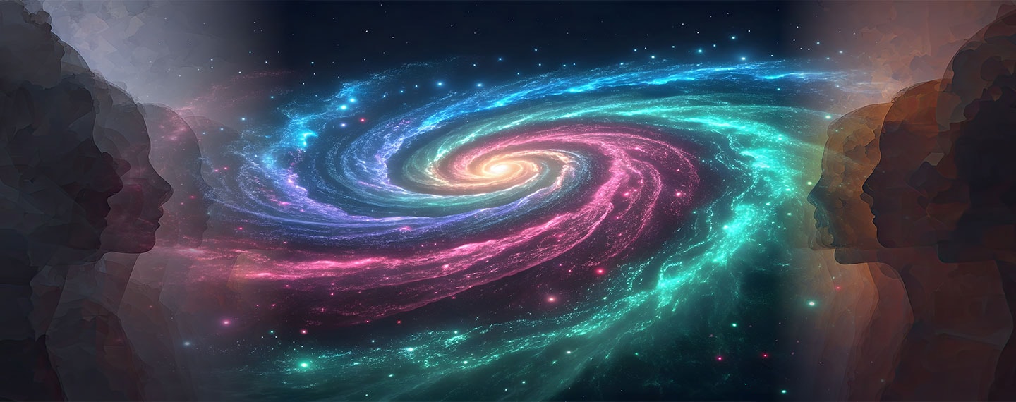 Artistic representation of a vibrant swirling galaxy with silhouette profiles of human faces on either side