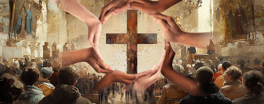 Hands around a crucifix in a cathedral full of people.