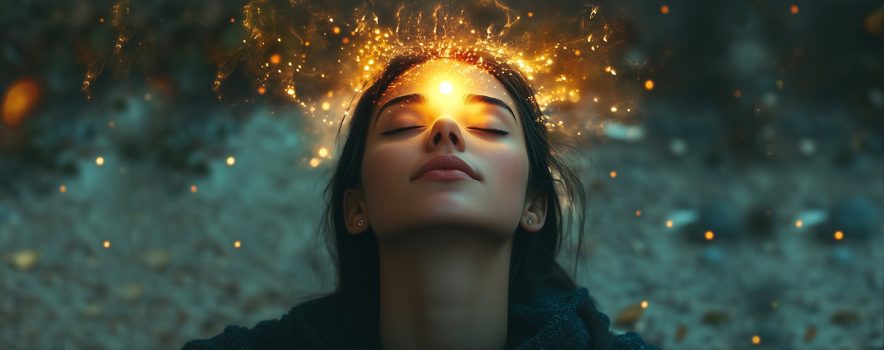 Woman with spiritual light emanating from the center of her forehead
